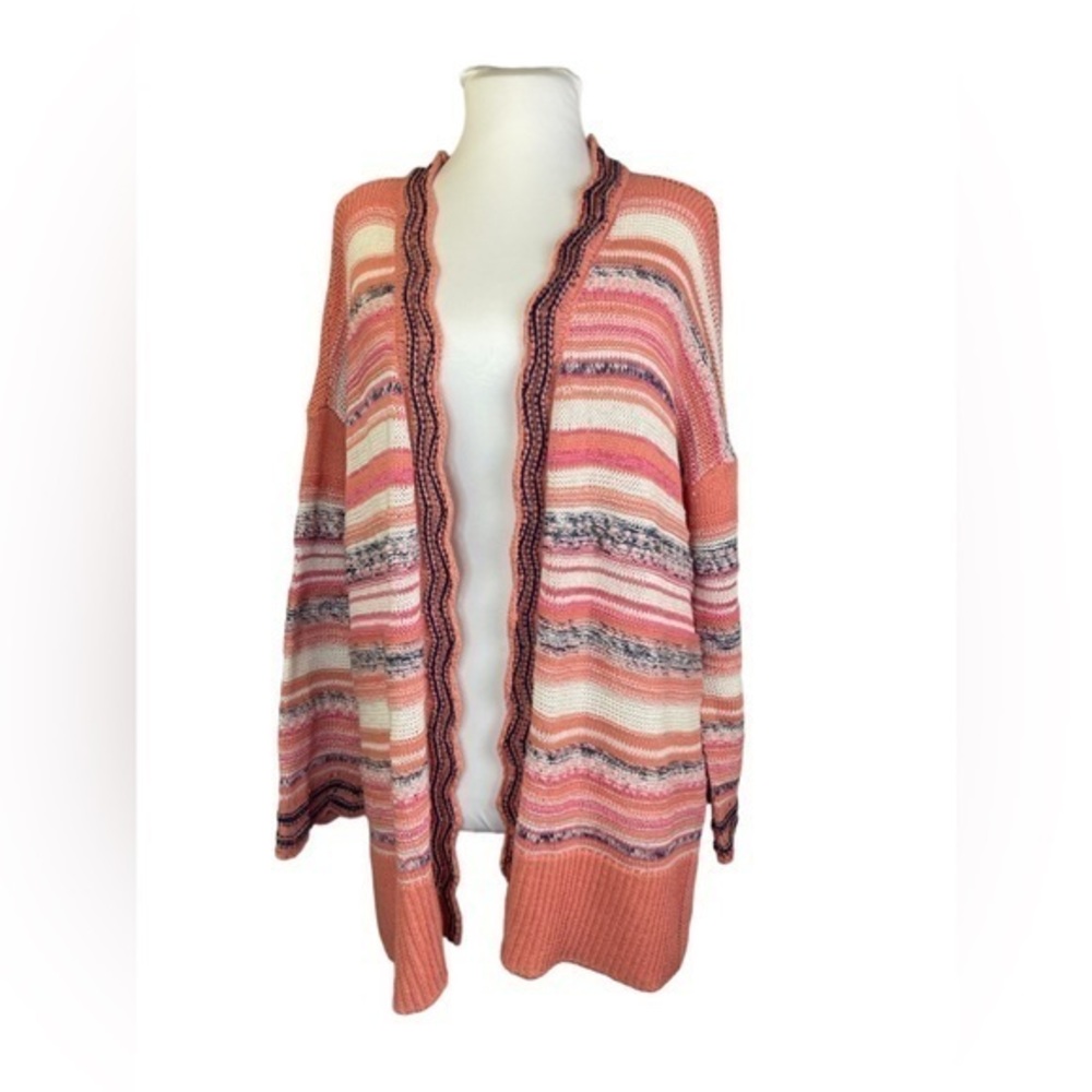 Soft Surroundings Long Pink White Blue Striped Knitted Cardigan Sweater M